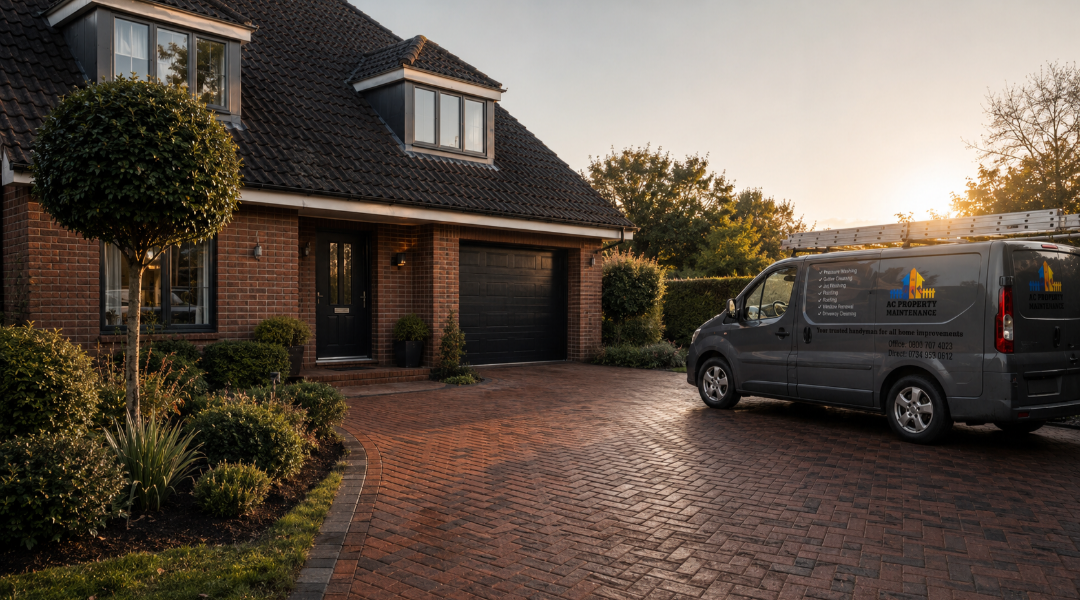 AC Property Maintenance van parked in front of a modern brick home with a clean block-paved driveway at sunset